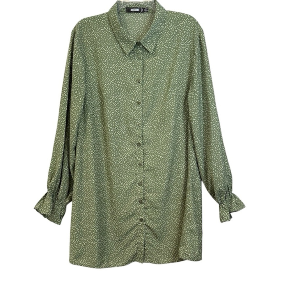 Missguided Dress Heart Print Button Down Shirt Ruffle Cuffs Sage Green Size 12 - Picture 3 of 6